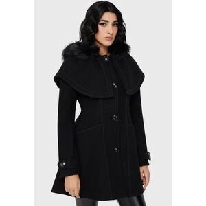 Killstar Tokyo Babe Black peacoat faux fur trimming hood goth Dark Academia